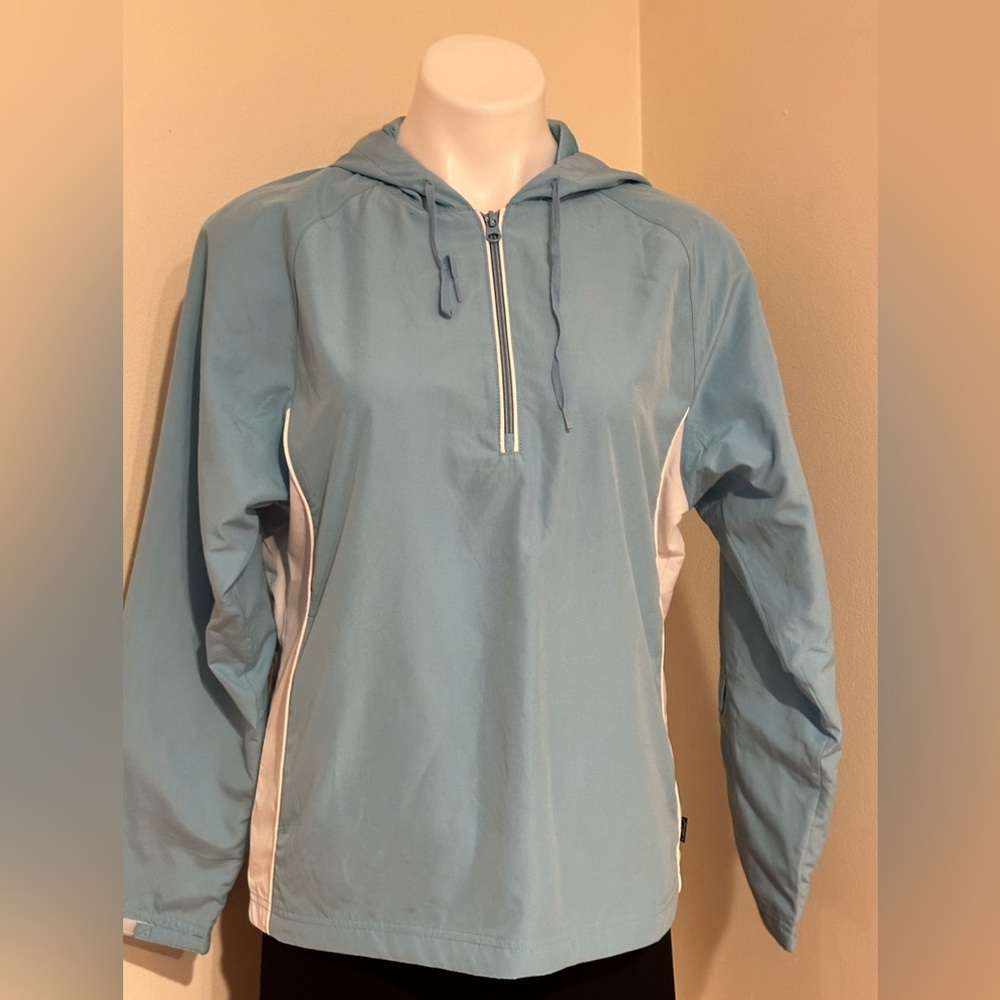 Reebok Blue Softshell Windbreaker 1/4 Zip Hoodie Jacket White Side Panels Sz M